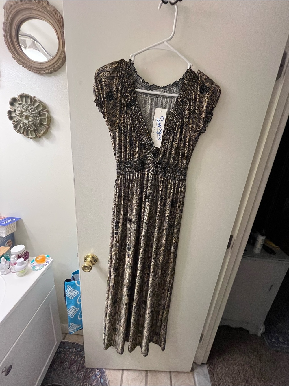 Sepogee Brown Printed Smocked-Waist Midi Dress - Picture 2 of 5
